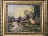 une peinture à l'huile représentant deux chevaux tirant une charrette sur un chemin de terre