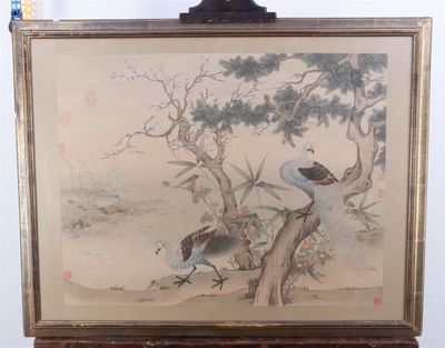 une photo d'un tableau représentant des oiseaux dans un arbre