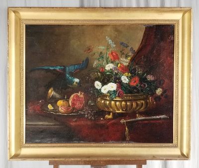 peinture d'une nature morte de fleurs et de fruits sur une table