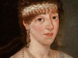 portrait of a lady in a blue dress with a red hat