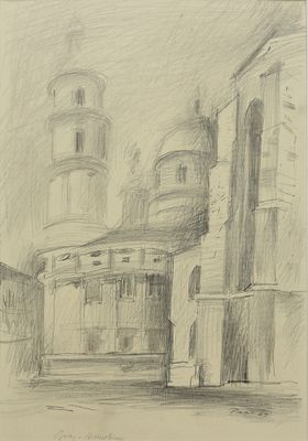 dessin au crayon représentant un bâtiment avec une tour horloge en arrière-plan