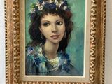 tableau représentant une femme en robe bleue, avec des fleurs dans les cheveux