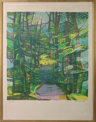 peinture représentant un sentier dans une forêt, bordé d'arbres de chaque côté