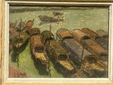 un tableau représentant un groupe de bateaux sur l'eau