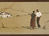 tableau représentant un homme et une femme debout devant une maison