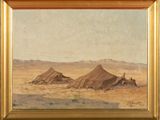 an image of a painting of a desert scene with tents in the foreground