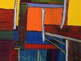 abstract painting of multicolored buildings with a sky in the background