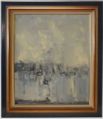 a painting of a cityscape in a gold frame on a white background