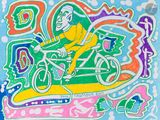tableau représentant un homme à vélo avec un chien à l'arrière