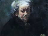 un tableau représentant un vieil homme coiffé d'un turban blanc et tenant un éventail