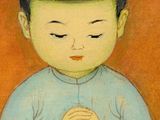 painting of a young boy in a blue shirt is praying