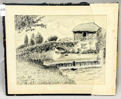 dessin au crayon représentant une maison au bord d'un ruisseau, dans un champ
