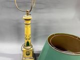 a lamp that is sitting next to a green lamp