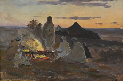 une image représentant un tableau où l'on voit un groupe de personnes assises autour d'un feu de camp
