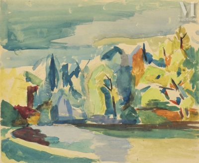 une image d'une aquarelle représentant une rivière et des arbres