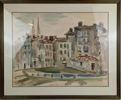 une photo d'un tableau représentant une ville avec une tour horloge en arrière-plan