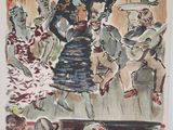 an image of a painting of a woman in a dress and a group of people