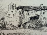drawing of an old building with a steeple on the top of it