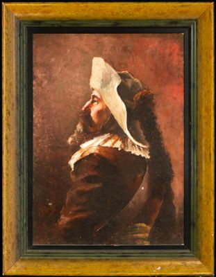 painting of a man with a white hat and a white cloth on his head