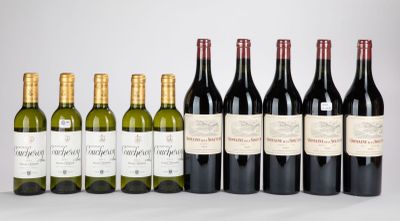 six bouteilles de vin sont alignées sur une table