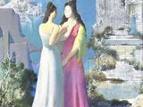 un tableau représentant deux femmes debout l'une à côté de l'autre