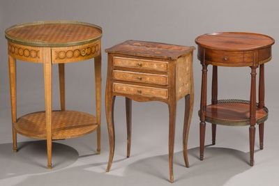 three pieces of furniture sitting on top of a table next to each other