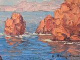 a painting of some rocks in the water by the shore