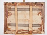 an old suitcase is sitting on top of a wooden stand