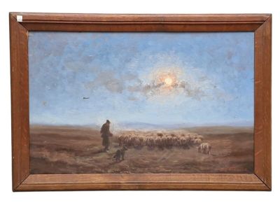 an oil painting of a man standing in a field with a flock of sheep
