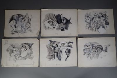 six drawings of people in various poses on a wall