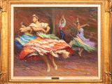 an oil painting of a woman in a colorful dress dancing with other women