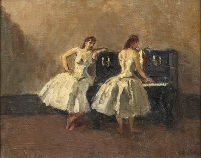 tableau représentant deux femmes en robe blanche debout près d'un piano
