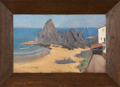 une peinture à l'huile représentant une scène de plage avec des rochers et une maison
