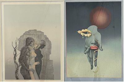 deux tableaux représentant une femme tenant un objet rouge et un homme tenant un objet rouge