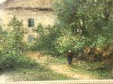 a picture of a painting of a house in the woods