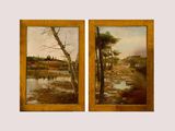 two paintings of a river with trees and a house in the distance