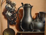 a painting of vases and other items on a shelf