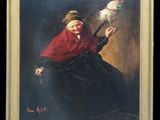 une peinture à l'huile représentant une femme tenant un oiseau blanc dans la main