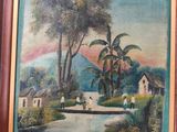 an oil painting of a village scene with a river and palm trees