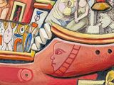 a painting of a red boat with people in it