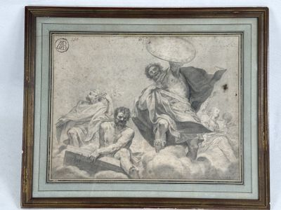 an old picture of a painting of a woman on a cloud