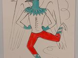 dessin représentant un ange vêtu d'un pantalon rouge et d'un t-shirt blanc