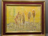 une image représentant un tableau avec trois arbres sur fond jaune