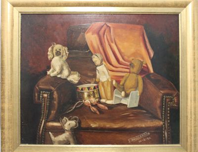 a painting of a teddy bear sitting on a leather chair