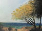 une peinture à l'huile représentant un chemin de terre menant à l'océan