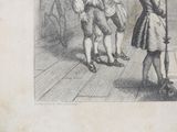 a black and white drawing of a group of people on a ship
