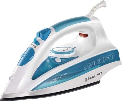 a white and blue steam iron sitting on top of a white surface