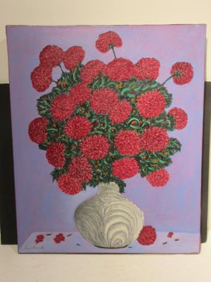 a painting of a vase with red flowers in it