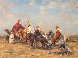 une image d'une peinture représentant un groupe d'hommes à cheval