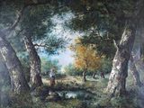 tableau représentant un homme et une femme dans un paysage boisé avec un ruisseau